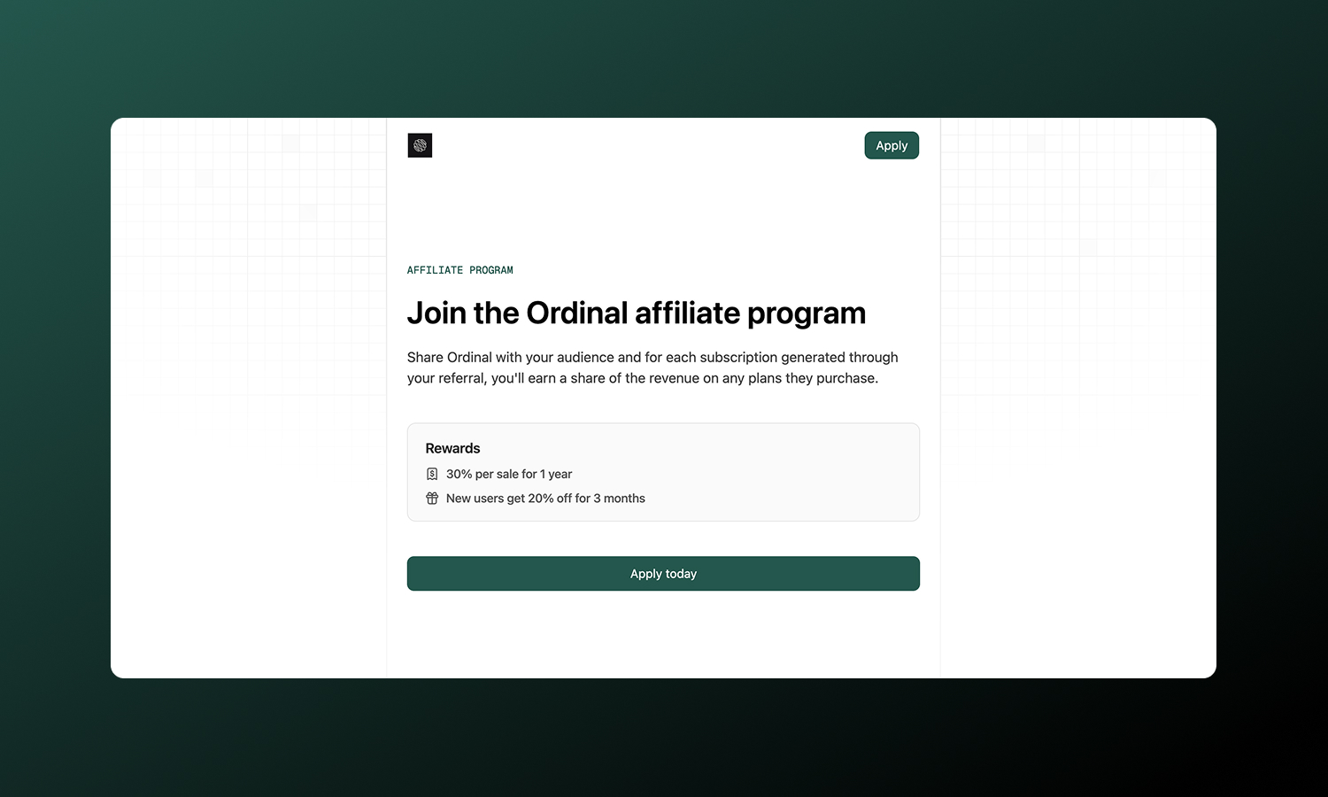 Apply to the Ordinal affiliate program